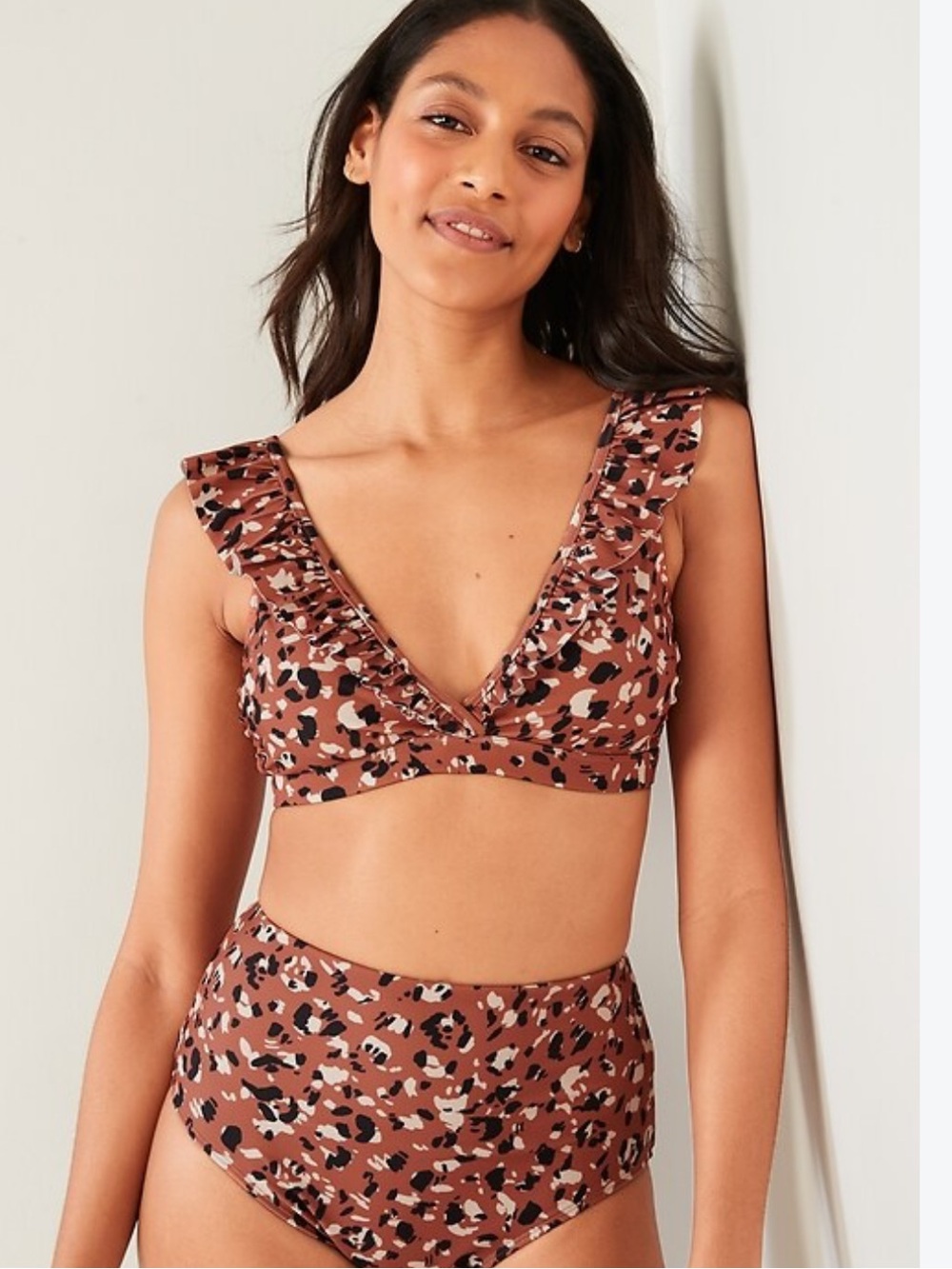 Old Navy Brown Leopard-Print Ruffled Bikini Set